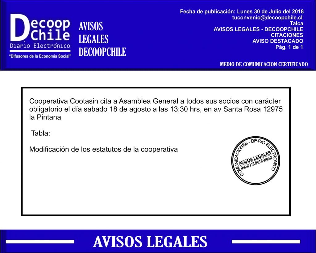 Junta General de Socios: Cooperativa Cootasin item-thumbnail