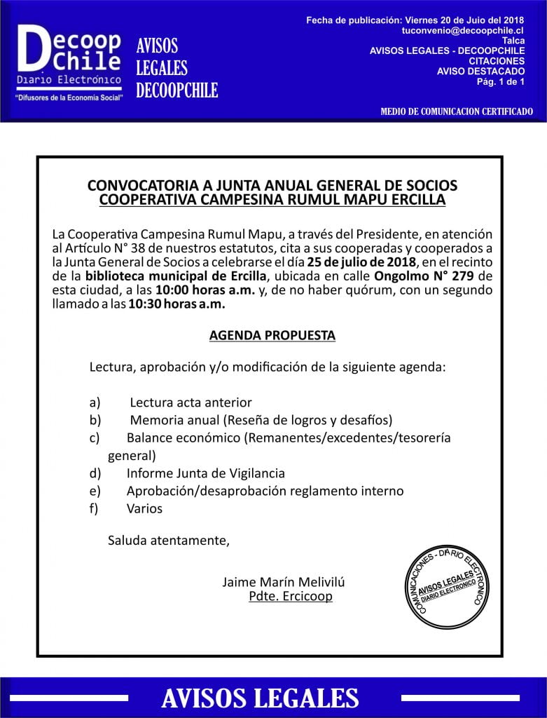Junta General de Socios: Cooperativa Campesina Rumu Mapu Ercilla item-thumbnail