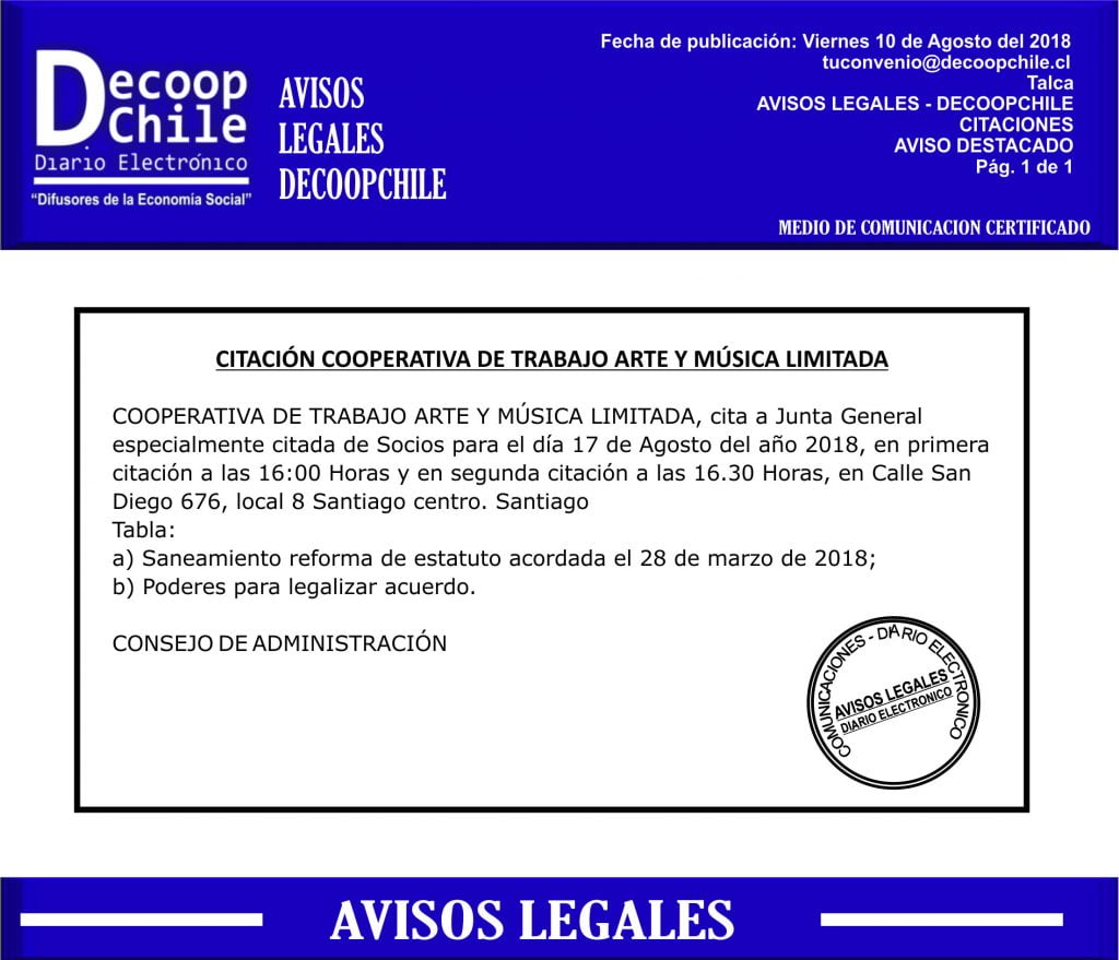 Junta General de Socios: Cooperativa de Trabajo Arte y Música Limitada item-thumbnail