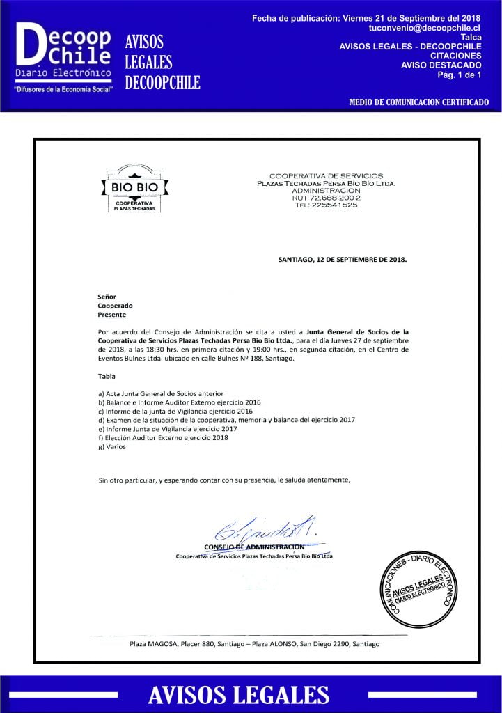Junta General de Socios: Cooperativa de Servicios Plazas Techadas Persa Bío Bío Ltda. item-thumbnail