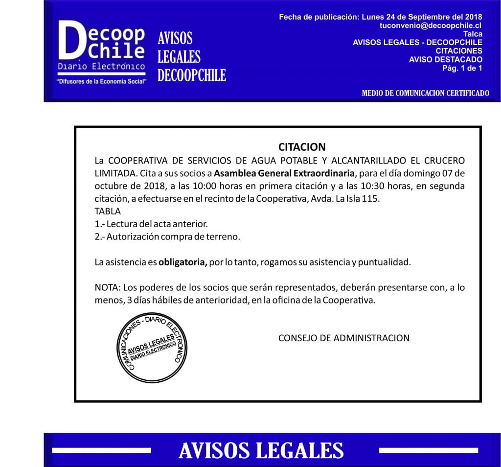 Junta General de Socios: Cooperativa El Crucero Limitada item-thumbnail