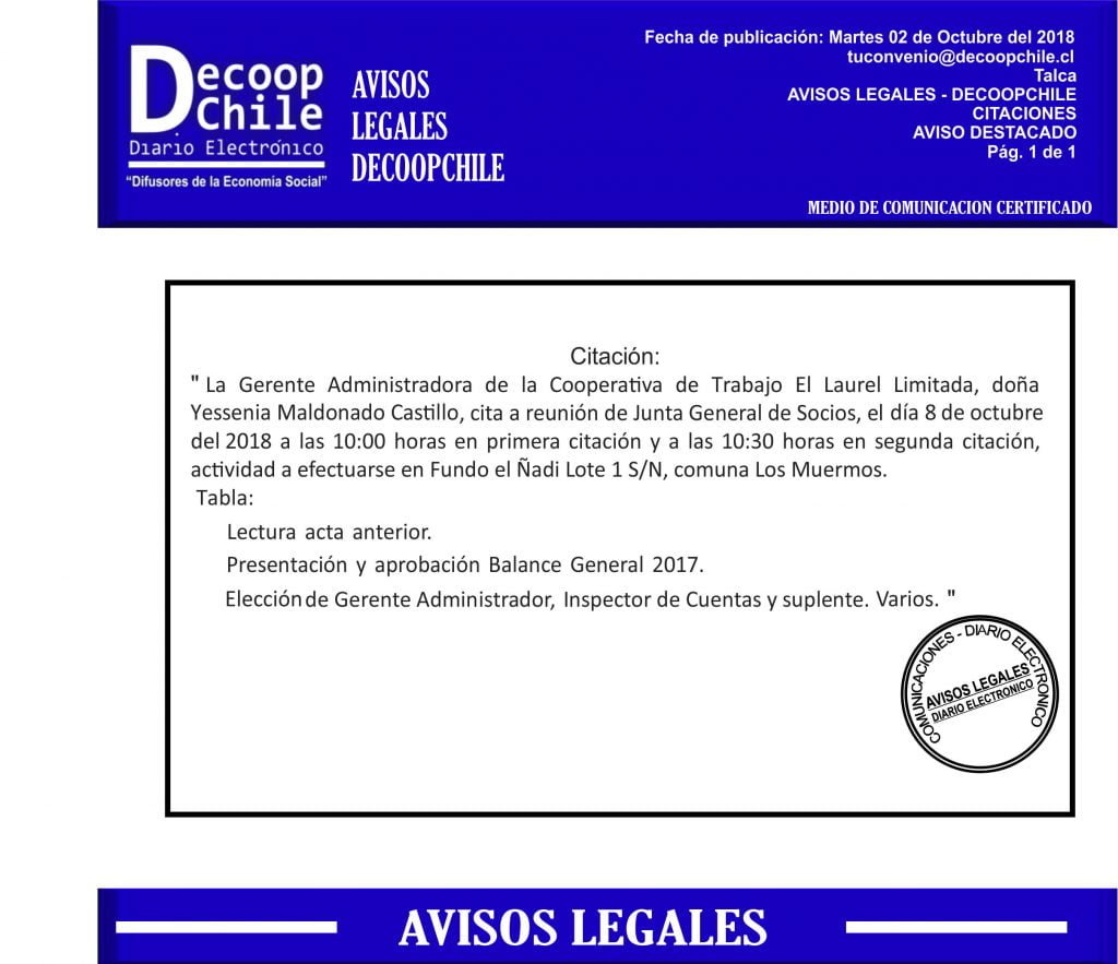 Junta General de Socios: Cooperativa de Trabajo el Laurel Ltda. item-thumbnail