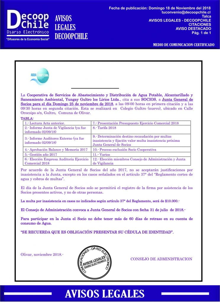 Junta General de Socios: Cooperativa Yungay Gultros Los Lirios Ltda. item-thumbnail