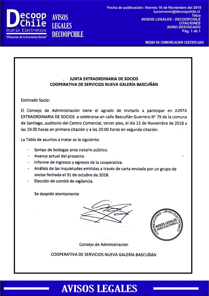 Junta General de Socios: Cooperativa de Servicios Nueva Galería Bascuñan item-thumbnail