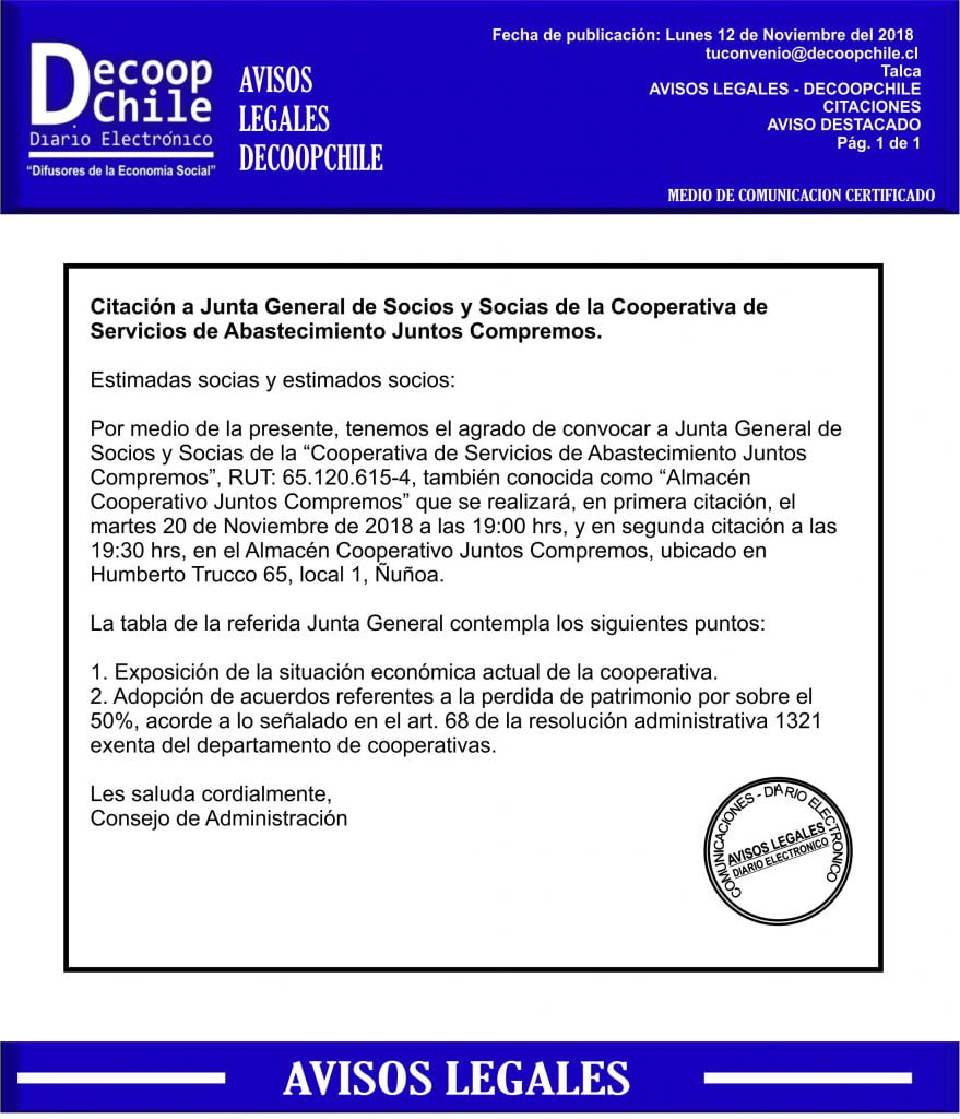 Junta General de Socios: Cooperativa Juntos Compremos item-thumbnail