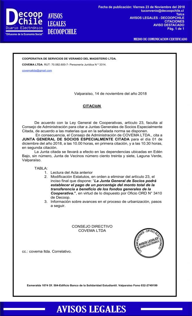 Junta General de Socios: Cooperativa de Servicios de Veraneo Magisterio Ltda. item-thumbnail