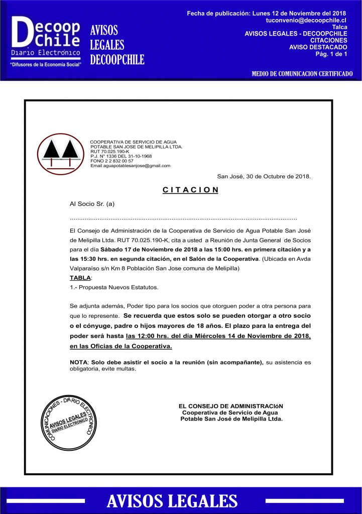 Junta General de Socios: Cooperativa APR San Jose de Melipilla item-thumbnail