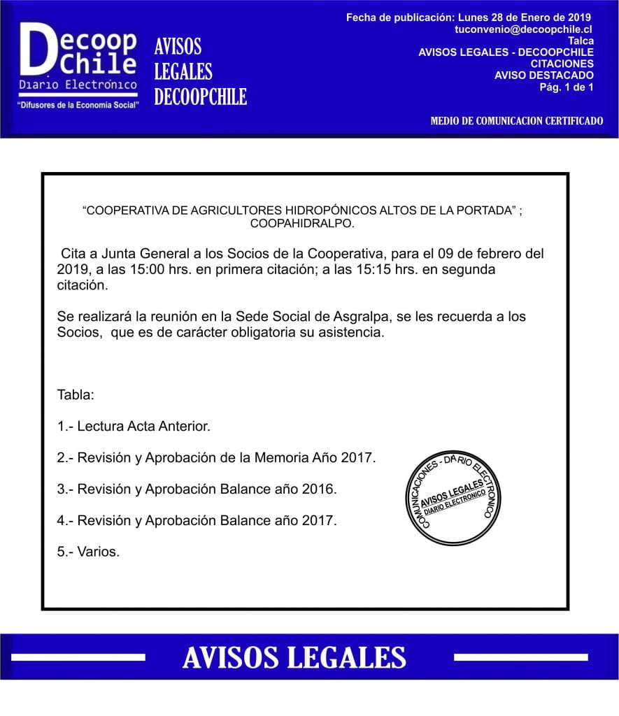 Junta General de Socios: Cooperativa de Agricultores Hidropónicos Altos de la Portada item-thumbnail
