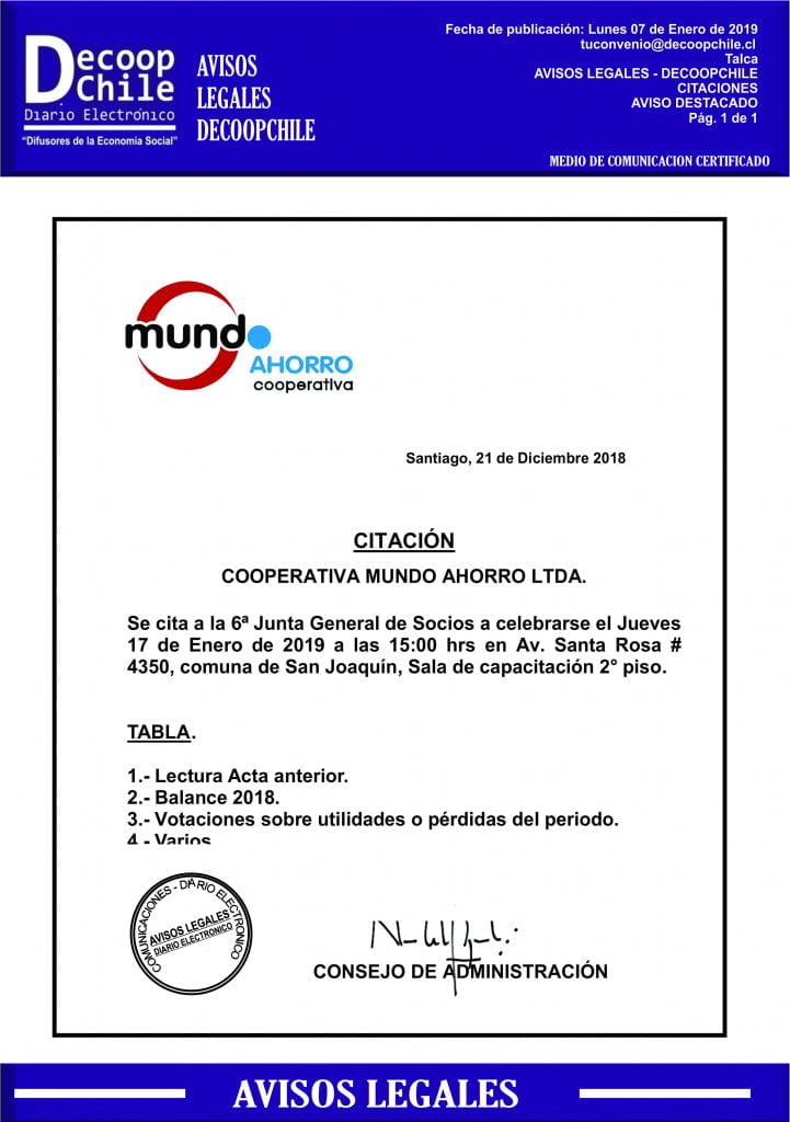 Junta General de Socios: Cooperativa Mundo Ahorro Ltda. item-thumbnail