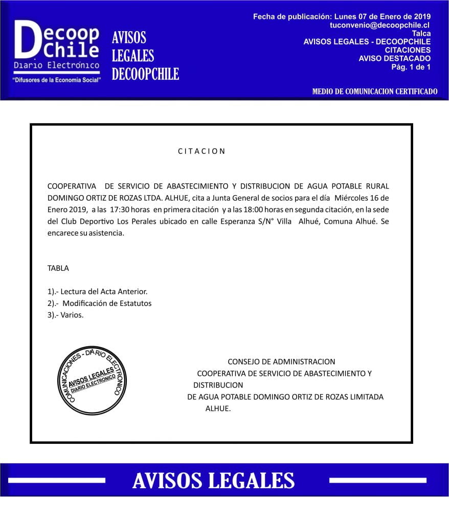 Junta General de Socios: Cooperativa Domingo Ortiz de Rozas Ltda. item-thumbnail