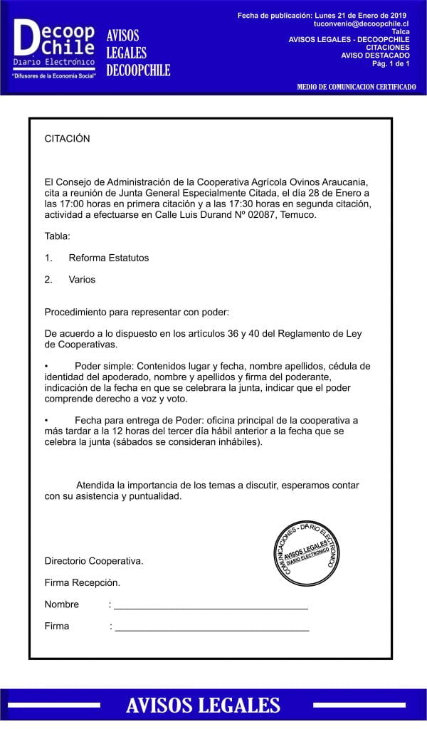 Junta General de Socios: Cooperativa Agrícola Ovinos Araucania item-thumbnail