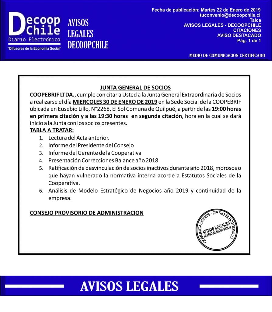 Junta General de Socios: Cooperativa Coopebrif Ltda. item-thumbnail