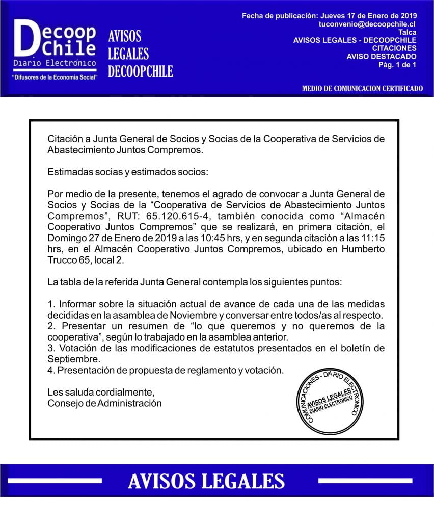 Junta General de Socios: Cooperativa de Servicios de Abastecimiento Juntos Compremos. item-thumbnail