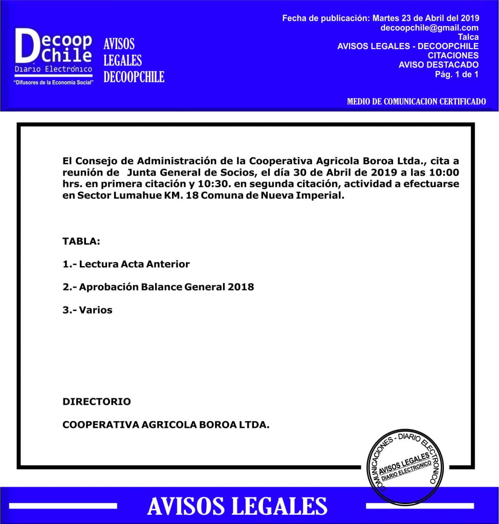 Junta General de Socios: Cooperativa Agricola Boroa Ltda. item-thumbnail