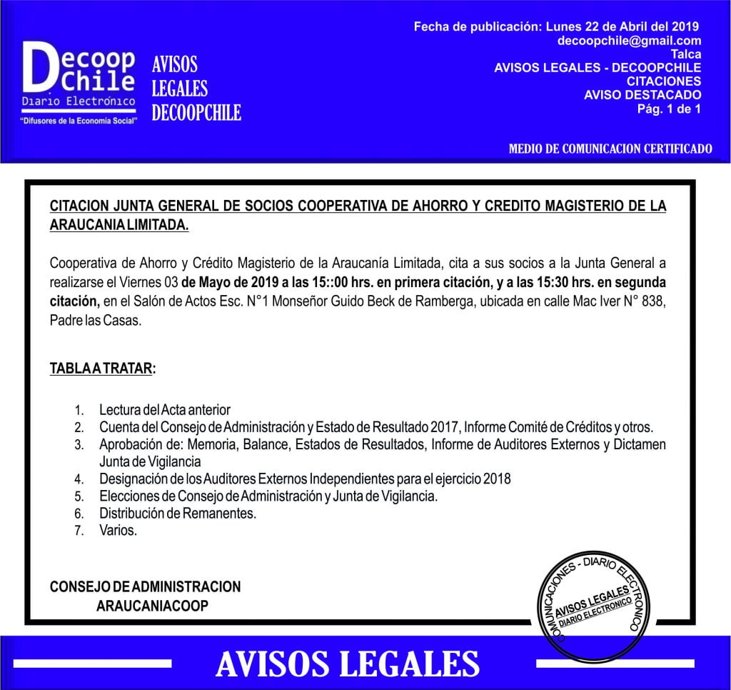 Junta General de Socios: Cooparativa de Ahorro y Credito Magisterio de la Araucania Ltda. item-thumbnail