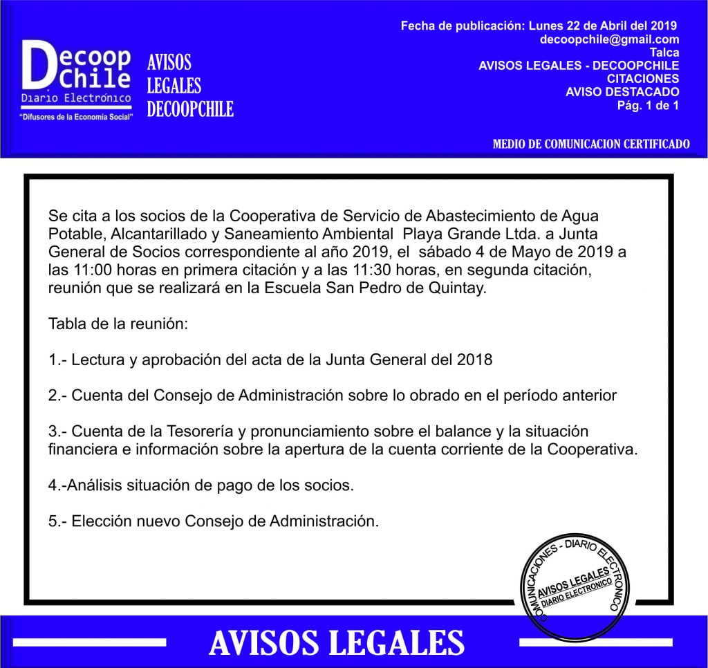 Junta General de Socios: Cooperativa APR Playa Grande item-thumbnail