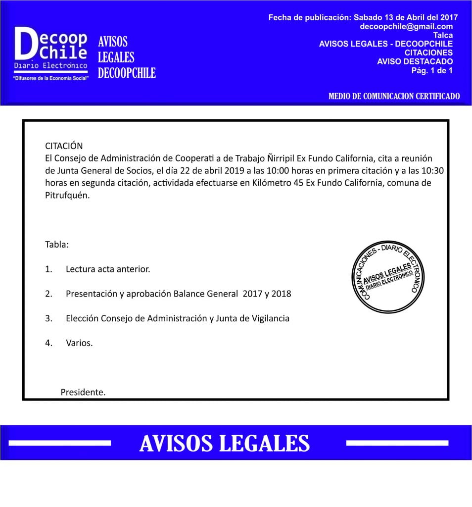 Junta General de Socios: Cooperativa de Trabajo Ñirripil Ex Fundo California item-thumbnail