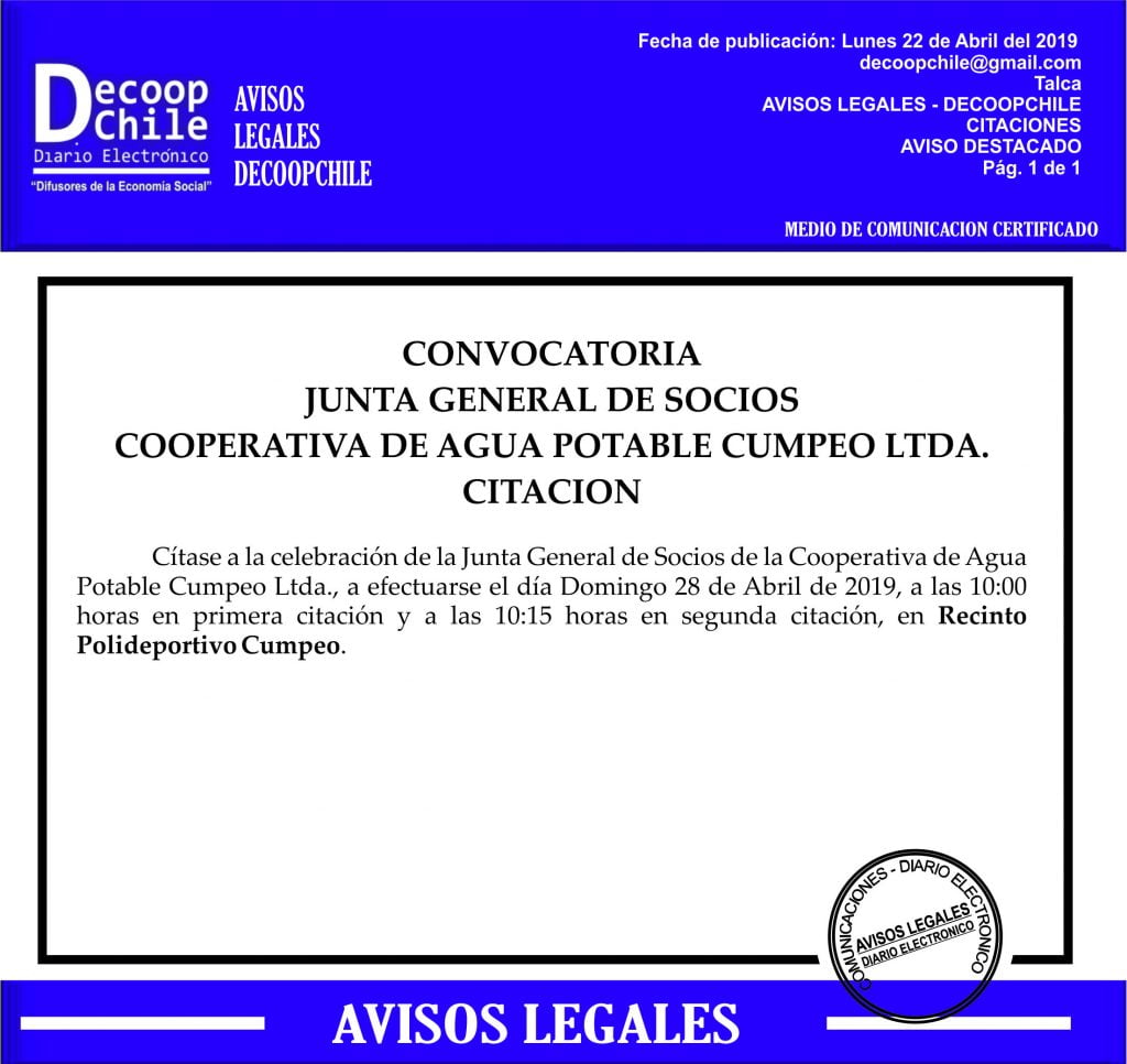 Junta General de Socios: Cooperativa de APR Cumpeo Ltda. item-thumbnail