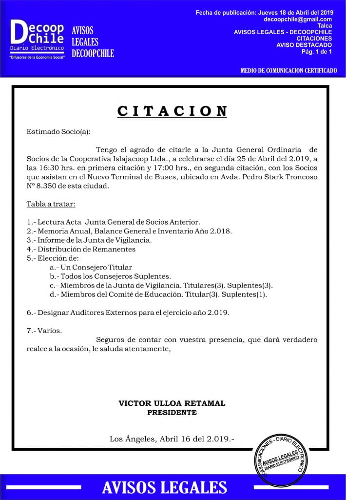 Junta General de Socios: Cooperativa Islajacoob Ltda item-thumbnail