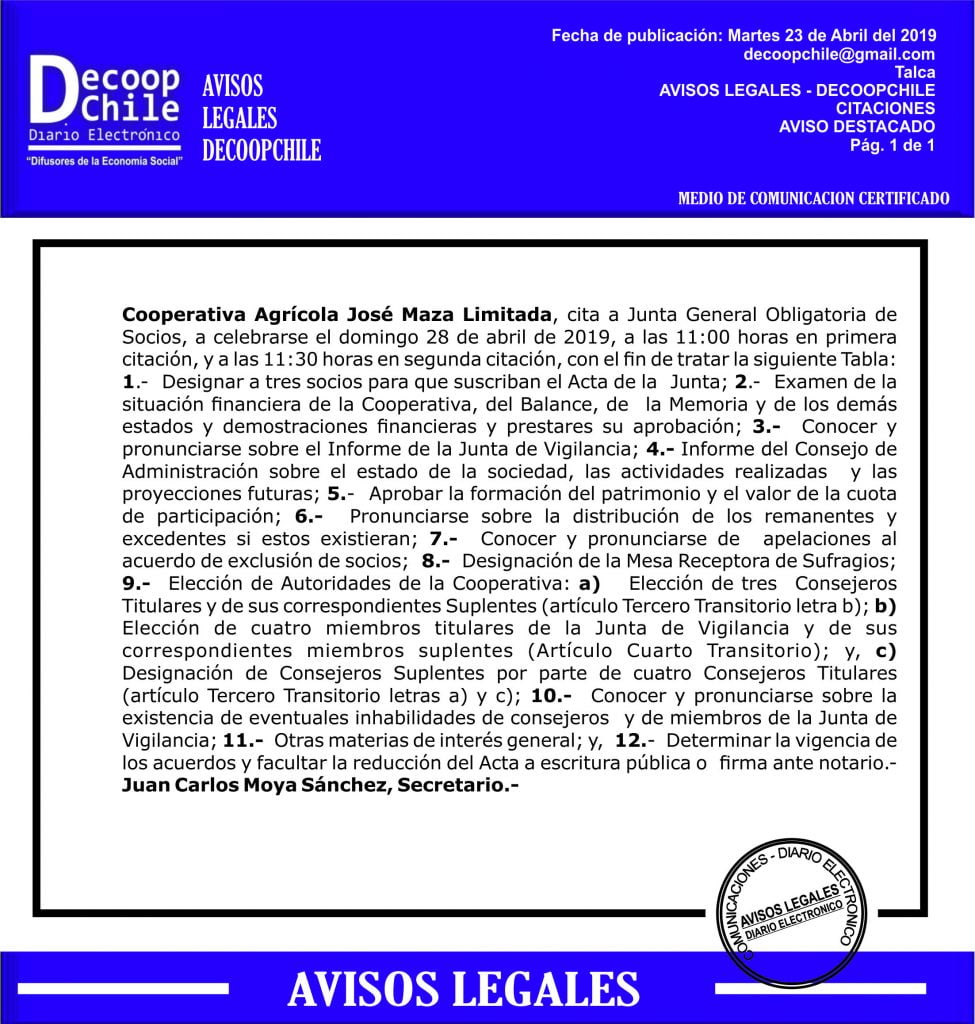 Junta General de Socios: Cooperativa Agrícola Jose Maza Ltda item-thumbnail