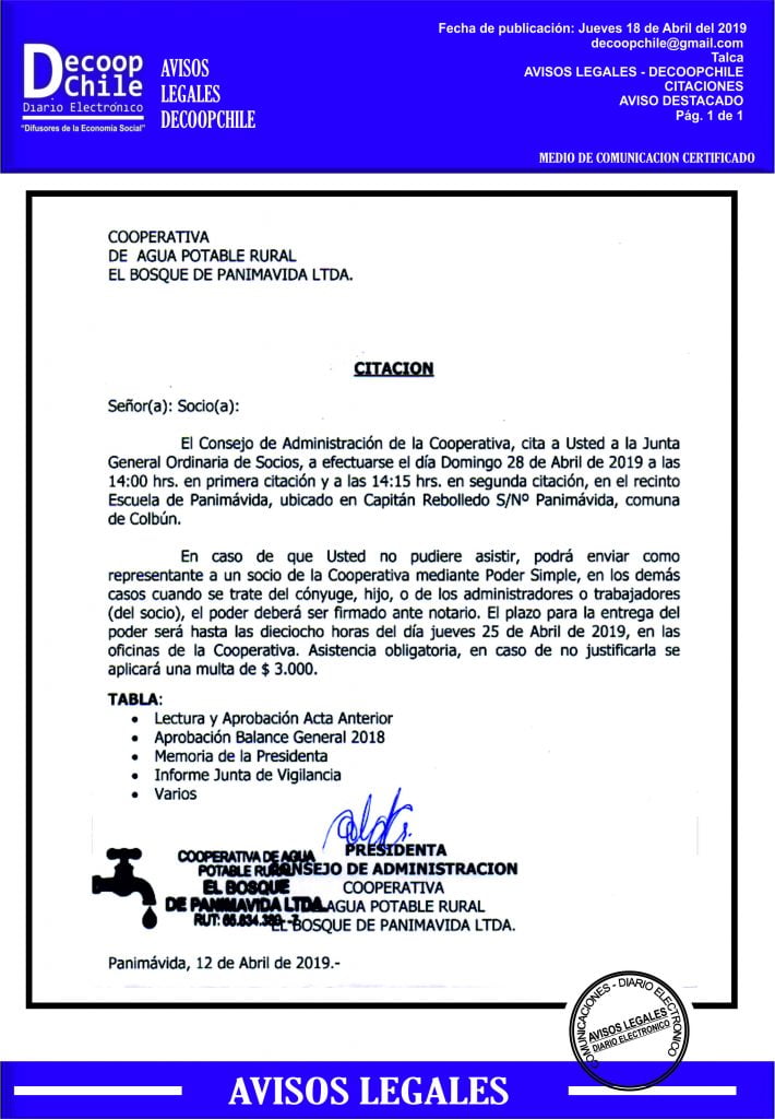 Junta General de Socios: Cooperativa APR El Bosque de Panimavida Ltda. item-thumbnail