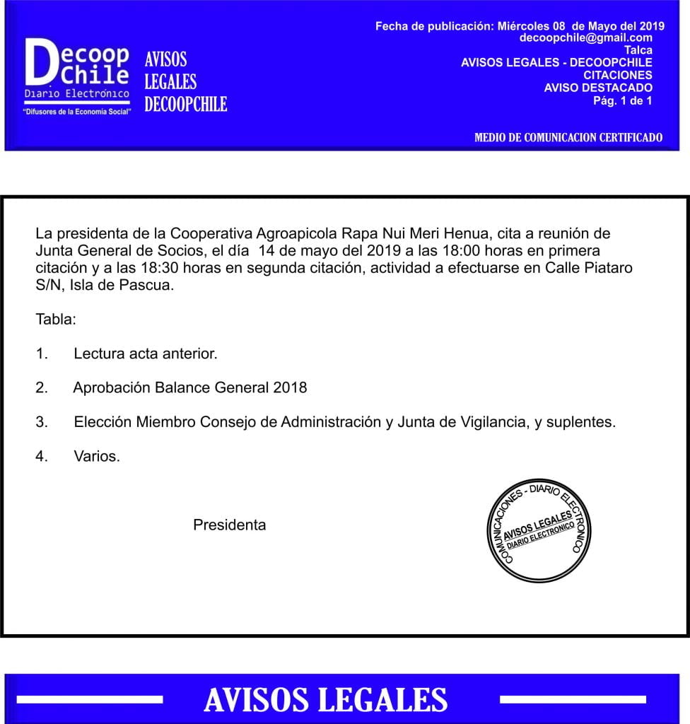 Junta General de Socios: Cooperativa Agroapicola Rapa Nui item-thumbnail