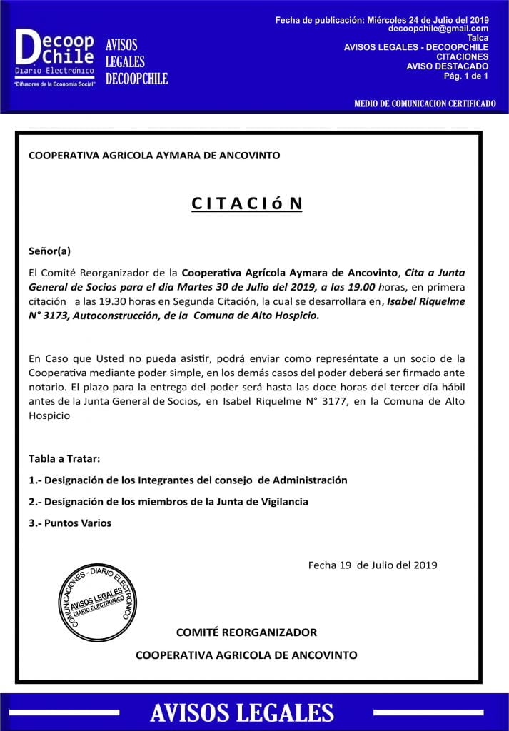 Junta General de Socios: Cooperativa Agrícola Aymara de Ancovinto item-thumbnail
