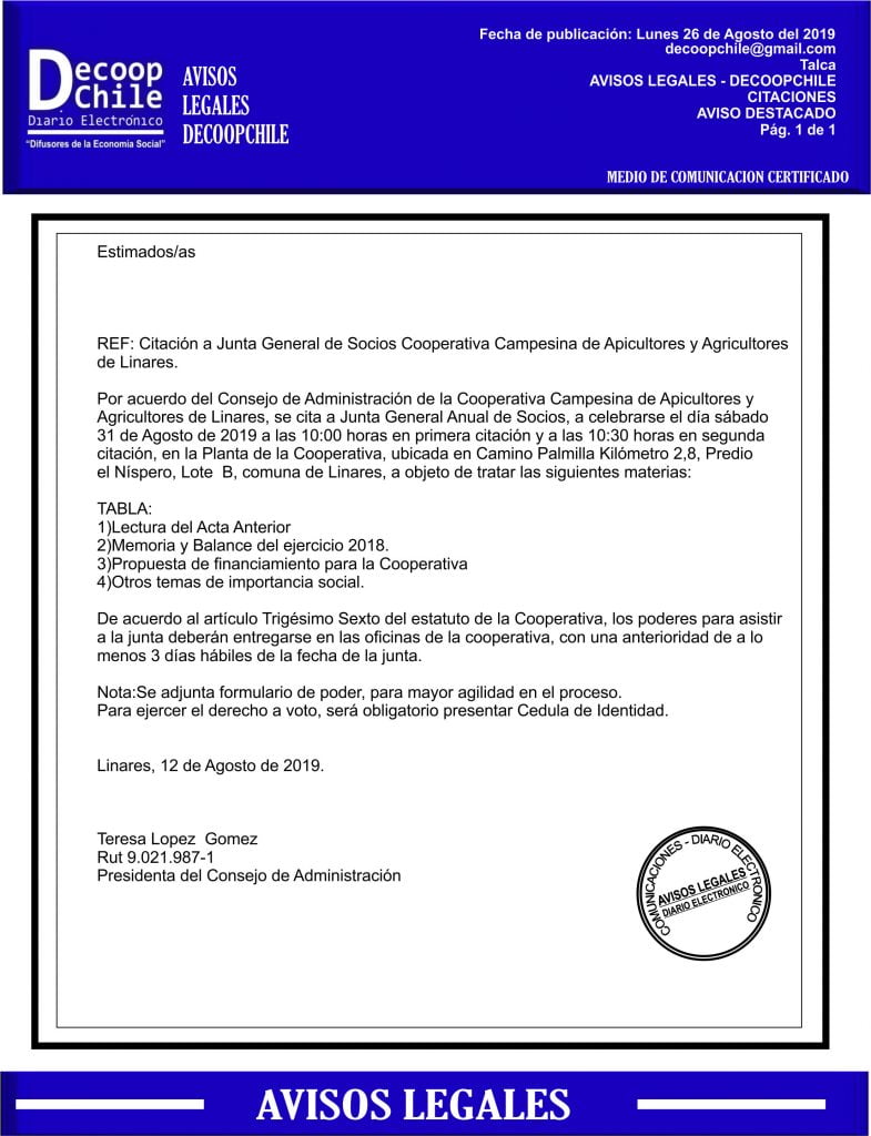 Junta General de Socios: Cooperativa Campesina de Apicultores y Agricultores de Linares item-thumbnail