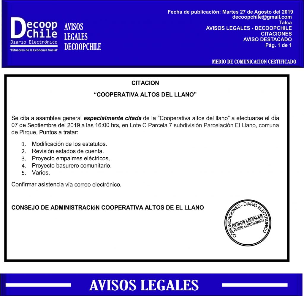 Junta General de Socios: Cooperativa Altos del Llano item-thumbnail