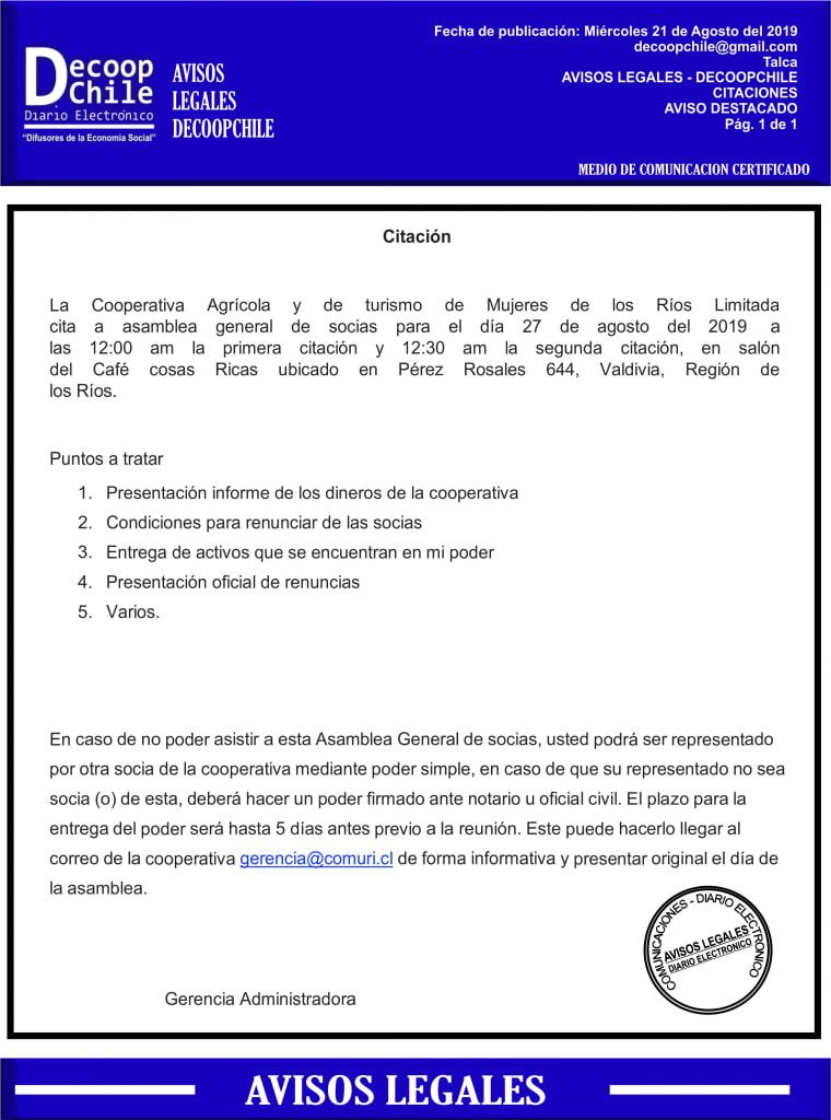 Junta General de Socios: Cooperativa Agrícola y de turismo de Mujeres de los Ríos Limitada item-thumbnail