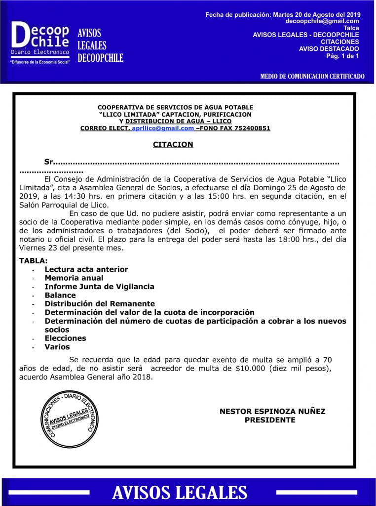 Junta General de Socios: Cooperativa de Servicios de Agua Potable Llico Ltda. item-thumbnail