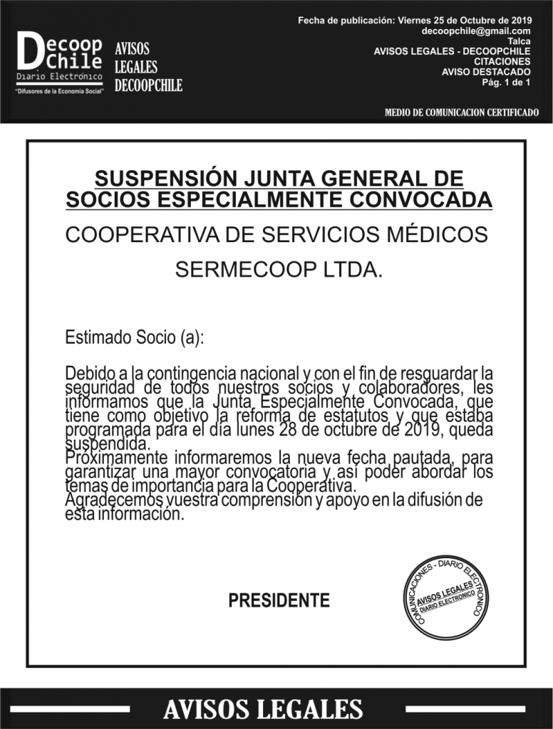 Suspensión Junta General de Socios Cooperativa Sermecoop item-thumbnail