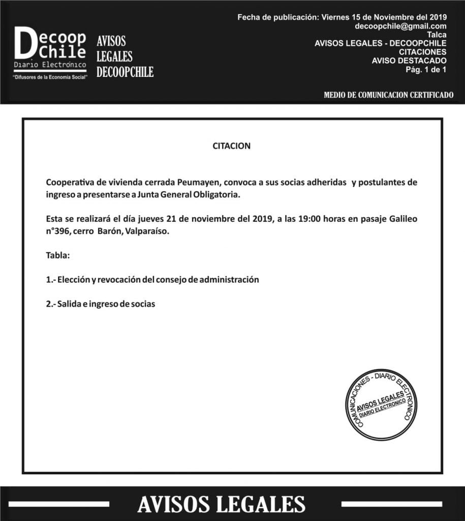 Junta General de Socios de la Cooperativa de Vivienda Cerrada Peumayen item-thumbnail