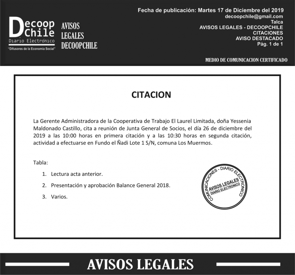 Junta General de Socios: Cooperativa de Trabajo El Laurel Ltda. item-thumbnail