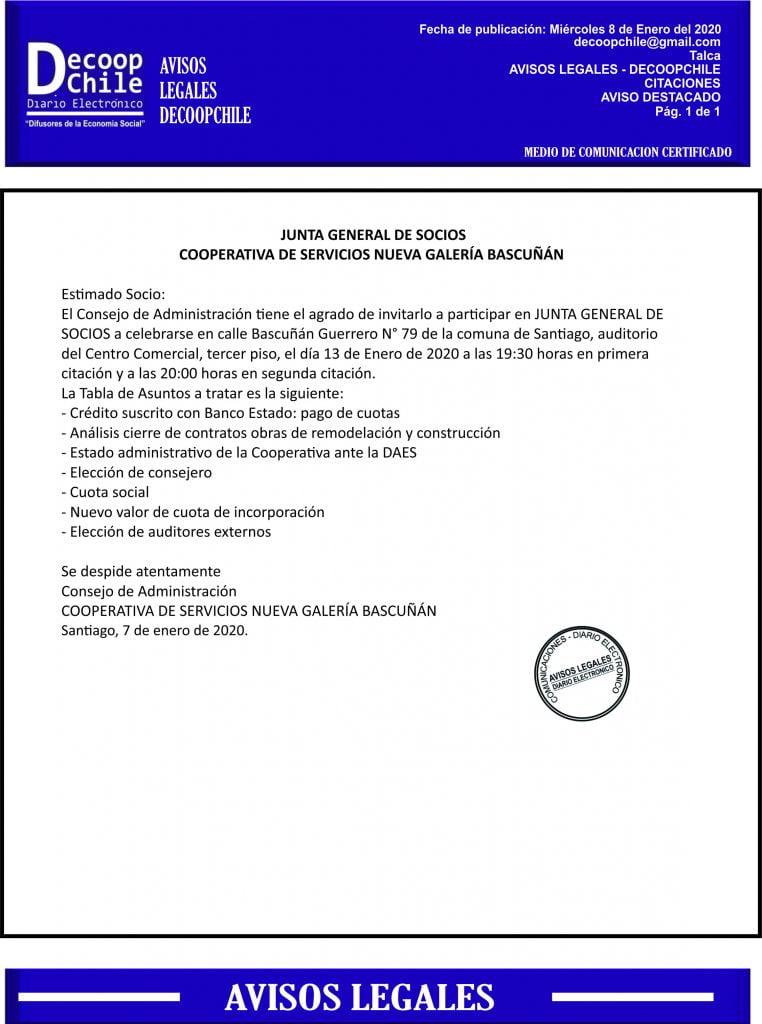 Junta General de Socios Cooperativa de Servicios Nueva Galería Bascuñán item-thumbnail