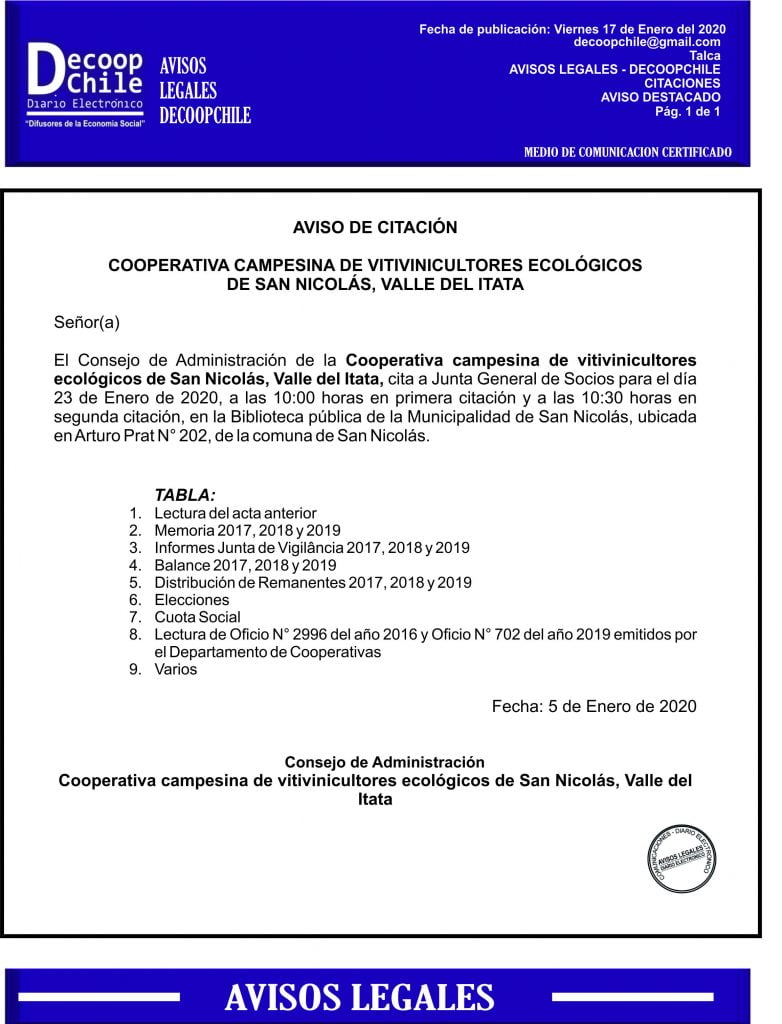 Junta General de Socios Cooperativa Campesina de Vinicultores Ecológicos de San Nicolás, Valle del Itata item-thumbnail