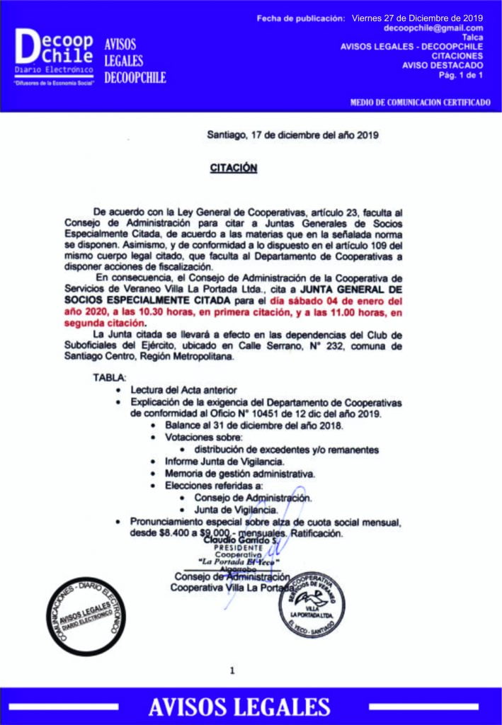 Junta General de Socios: Cooperativa de Servicios de Veraneo La Portada Ltda. item-thumbnail