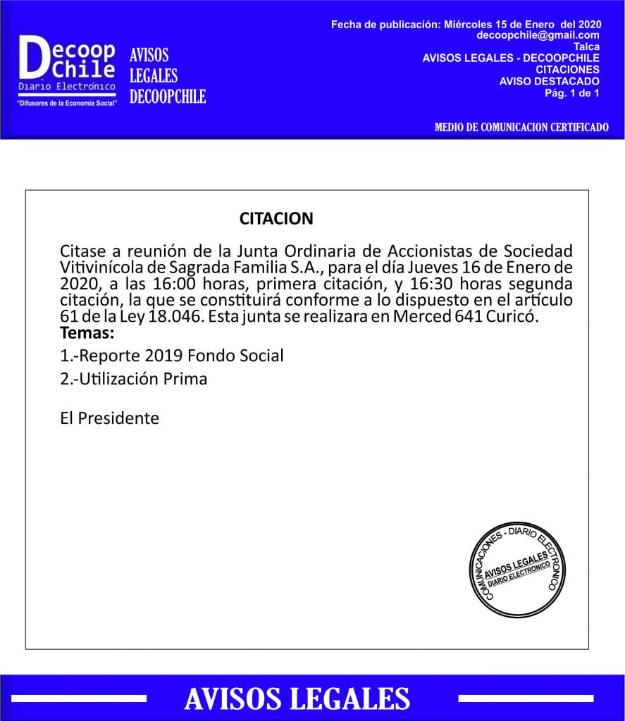Junta General de Accionistas de Sociedad Vitivinícola de Sagrada Familia S.A item-thumbnail