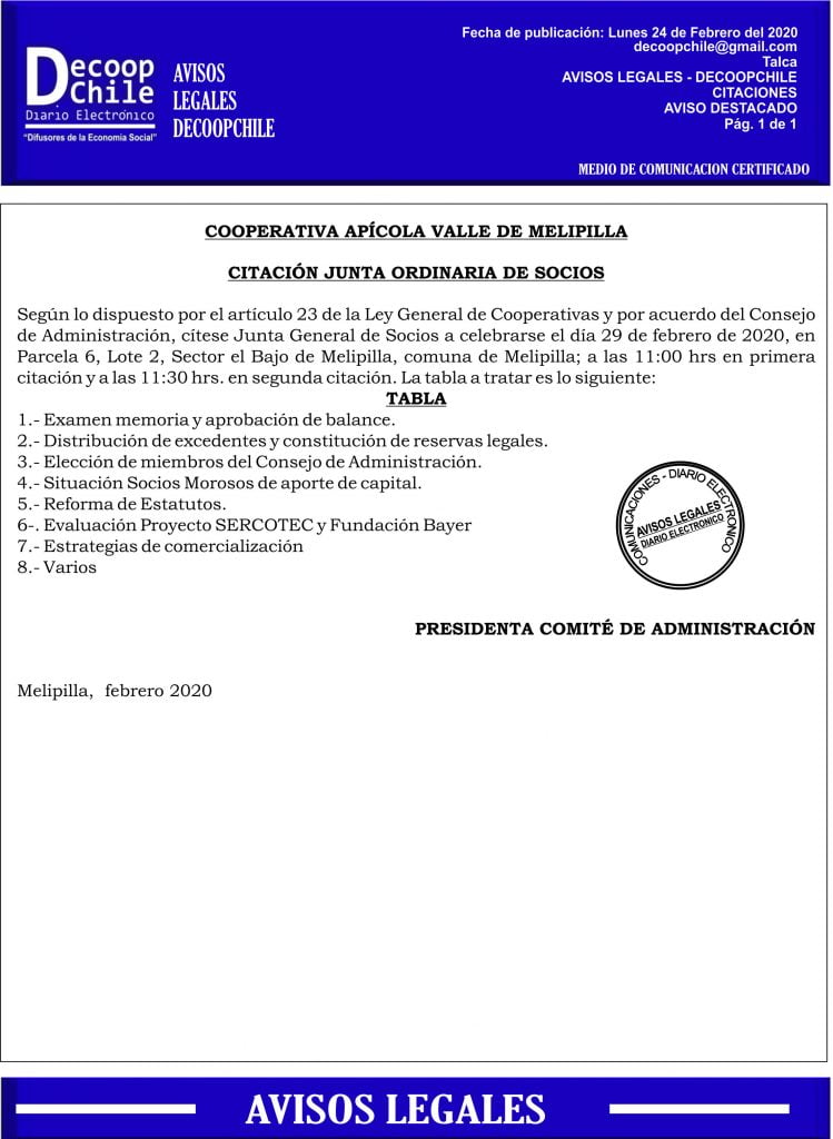 Junta General de Socios Cooperativa Apícola Valle de Melipilla item-thumbnail