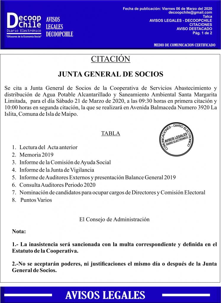 Junta General de Socios de la Cooperativa de Servicios Abastecimiento y distribución de Agua Potable Alcantarillado y Saneamiento Ambiental Santa Margarita Limitada item-thumbnail