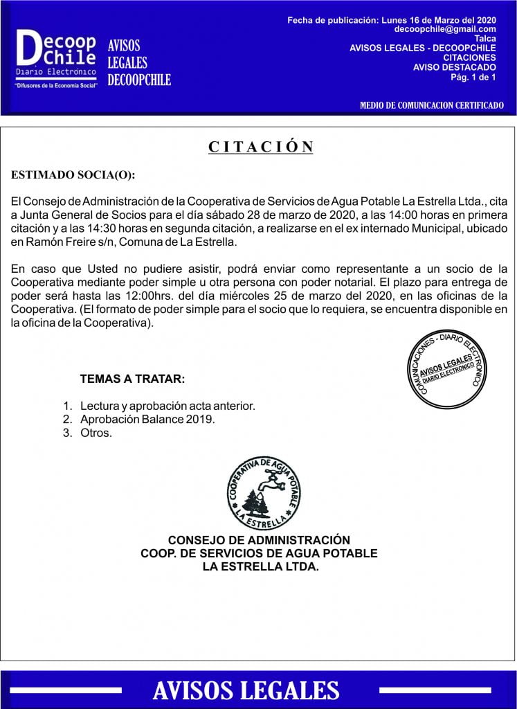 Junta General de Socios de la Cooperativa de Servicios de Agua Potable La Estrella Limitada. item-thumbnail
