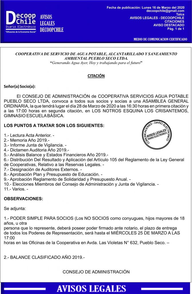 Junta General de Socios de la Cooperativa de Servicio de Agua Potable Pueblo Seco Ltda. item-thumbnail