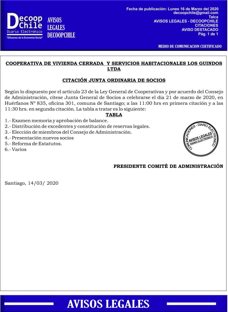 Junta General de Socios de la Cooperativa de Vivienda Cerrada y Servicios Habitacionales de los Guindos Ltda. item-thumbnail