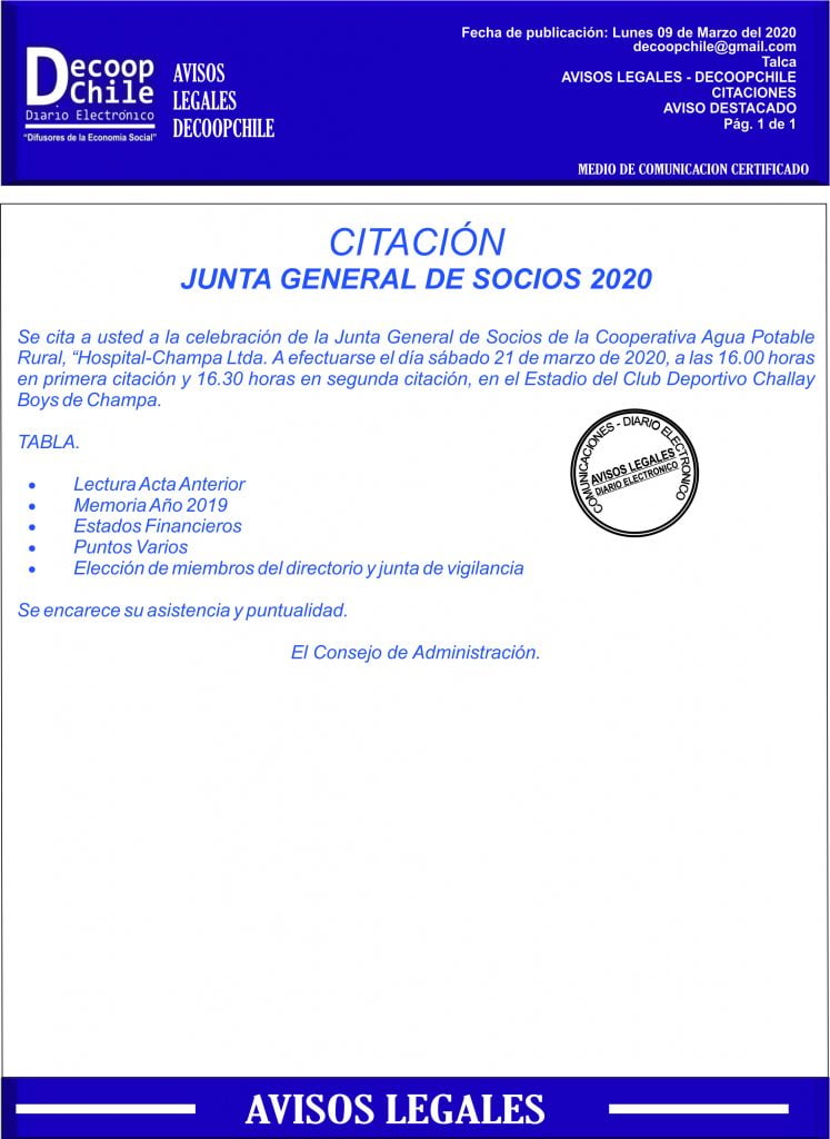 Junta General de Socios de la Cooperativa Agua Potable Rural, «Hospital-Champa Ltda». item-thumbnail