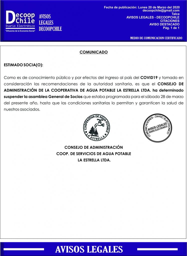 «Comunicado» Suspensión Junta General de Socios de la Cooperativa de Servicios de Agua Potable La Estrella Limitada. item-thumbnail