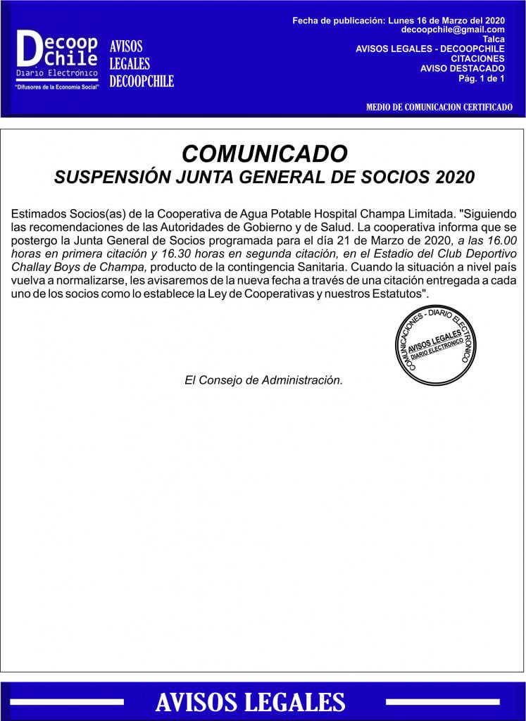 «Comunicado» Suspensión Junta General de Socios de la Cooperativa Agua Potable Rural, «Hospital-Champa Ltda». item-thumbnail