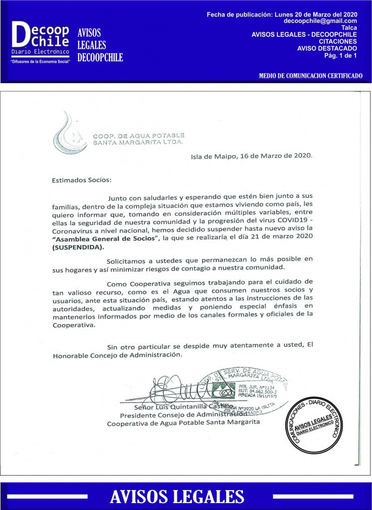 «Comunicado» Suspensión Junta General de Socios de la Cooperativa de Servicios Abastecimiento y distribución de Agua Potable Alcantarillado y Saneamiento Ambiental Santa Margarita Limitada item-thumbnail