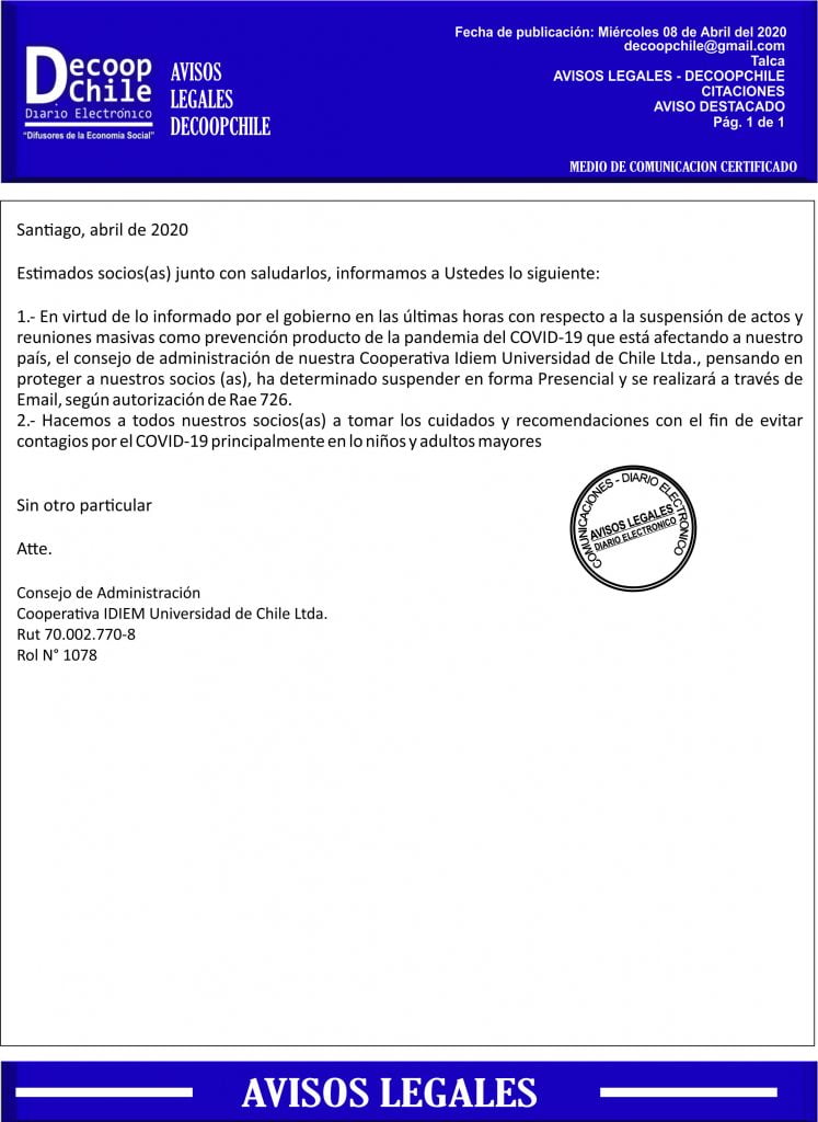 Suspensión Junta General de Socios presencial de la Cooperativa Idiem Universidad de Chile Ltda. item-thumbnail