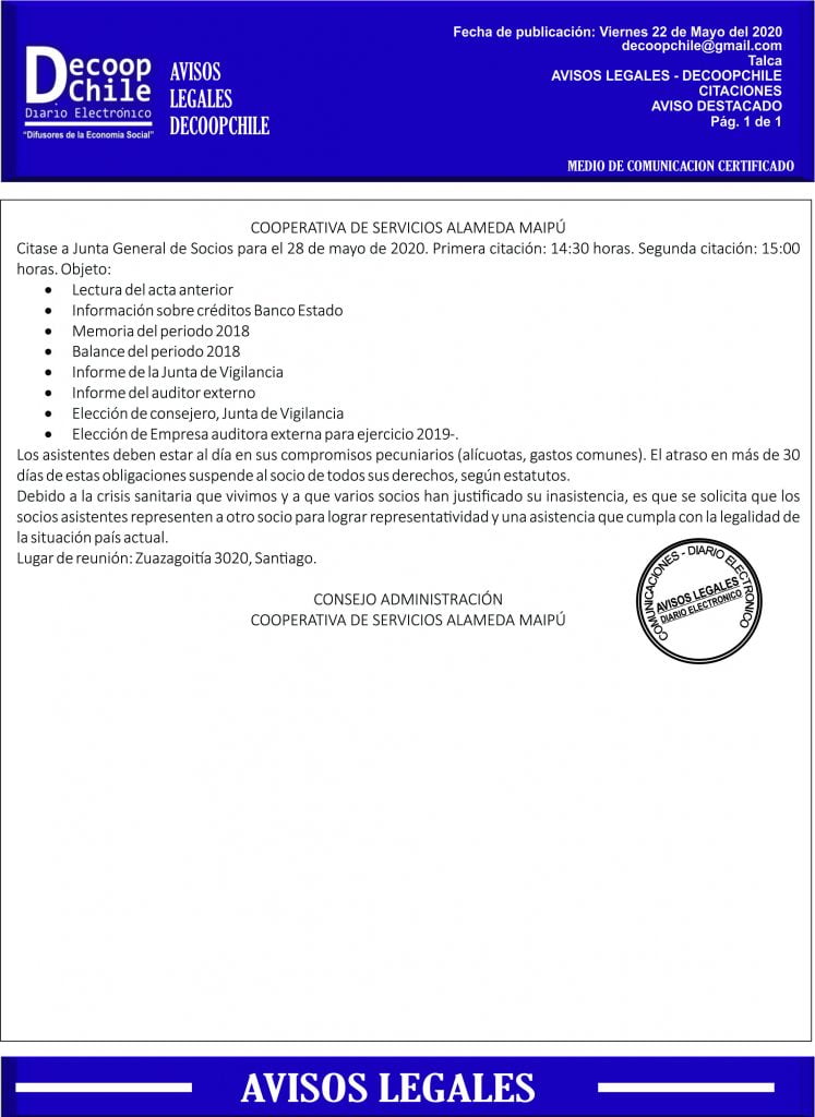 Junta General de Socios de la Cooperativa de Servicios Alameda Maipú. item-thumbnail