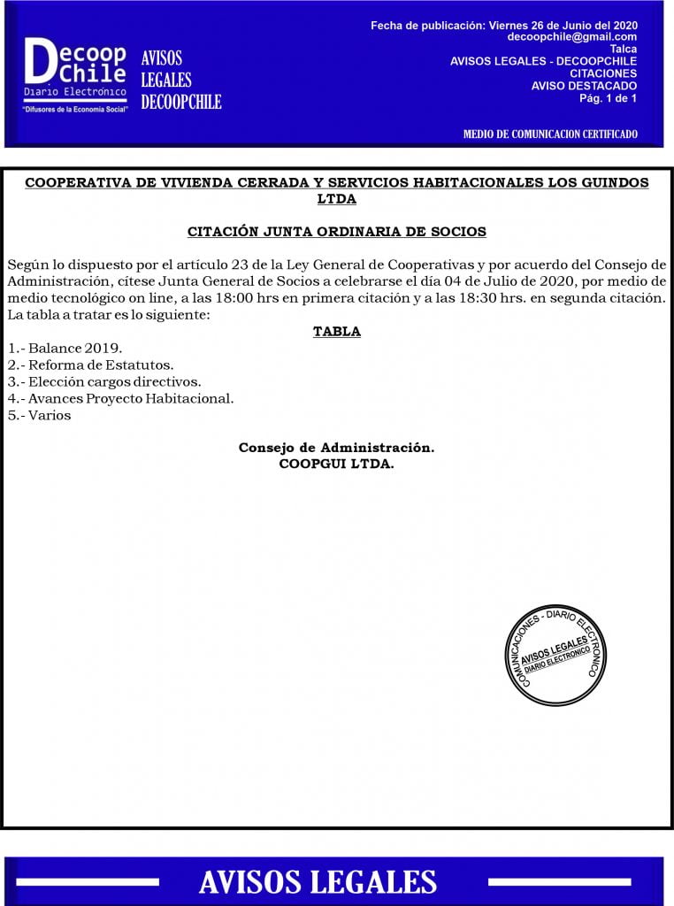 Junta General de Socios Cooperativa de Vivienda Cerrada y Servicios Habitacionales Los Guindos Ltda item-thumbnail